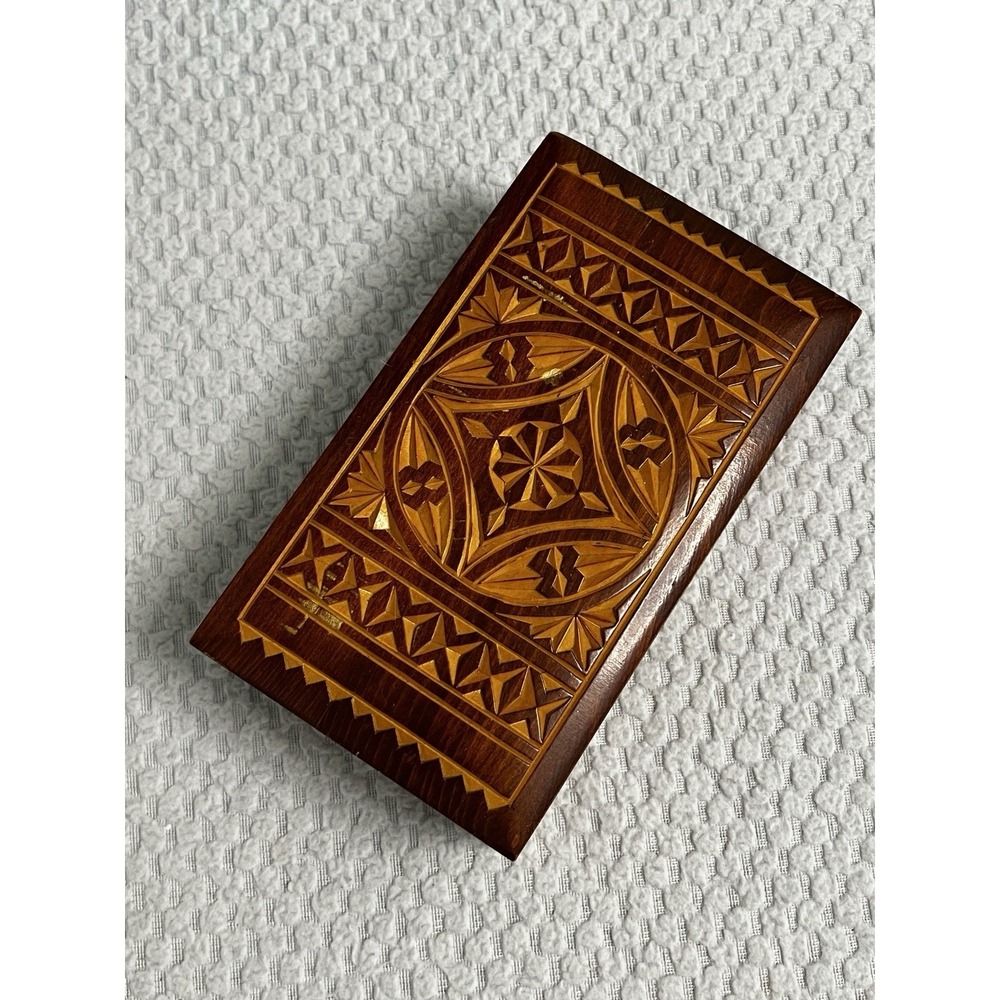 Vtg USSR Russian Hand Carved Wooden Trinket Jewelry Box MCM Boho Folk Art Curio